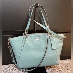 Coach F28993 Small Kelsey Satchel in aqua/cloud pebble leather/silver hardware.